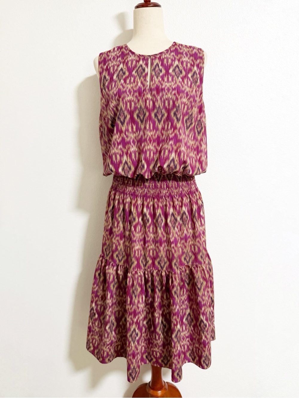 Lauren Ralph Lauren Purple Ikat Smocked Waist Tiered Midi Dress Size L